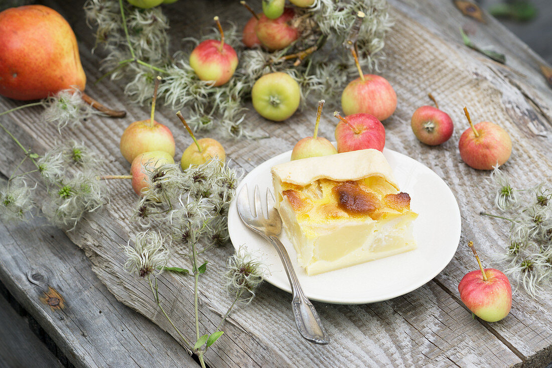 A slice of pear cake on a plate