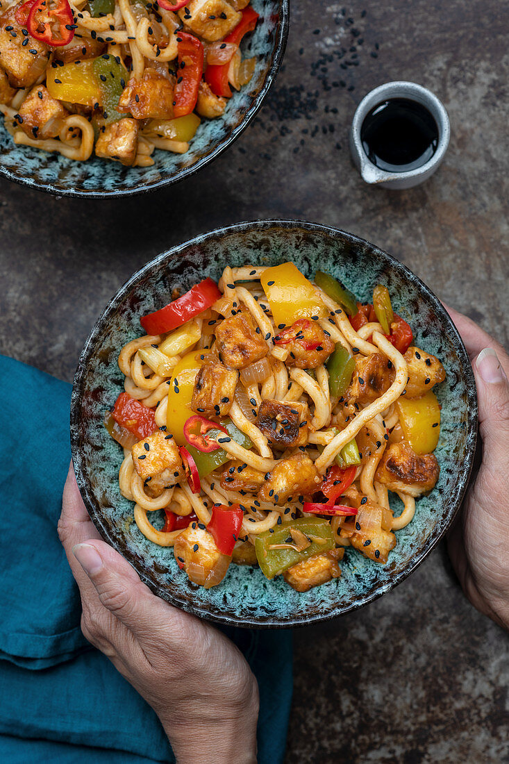 Udon noodles with crispy tofu, peppers, ginger and chilli (China)