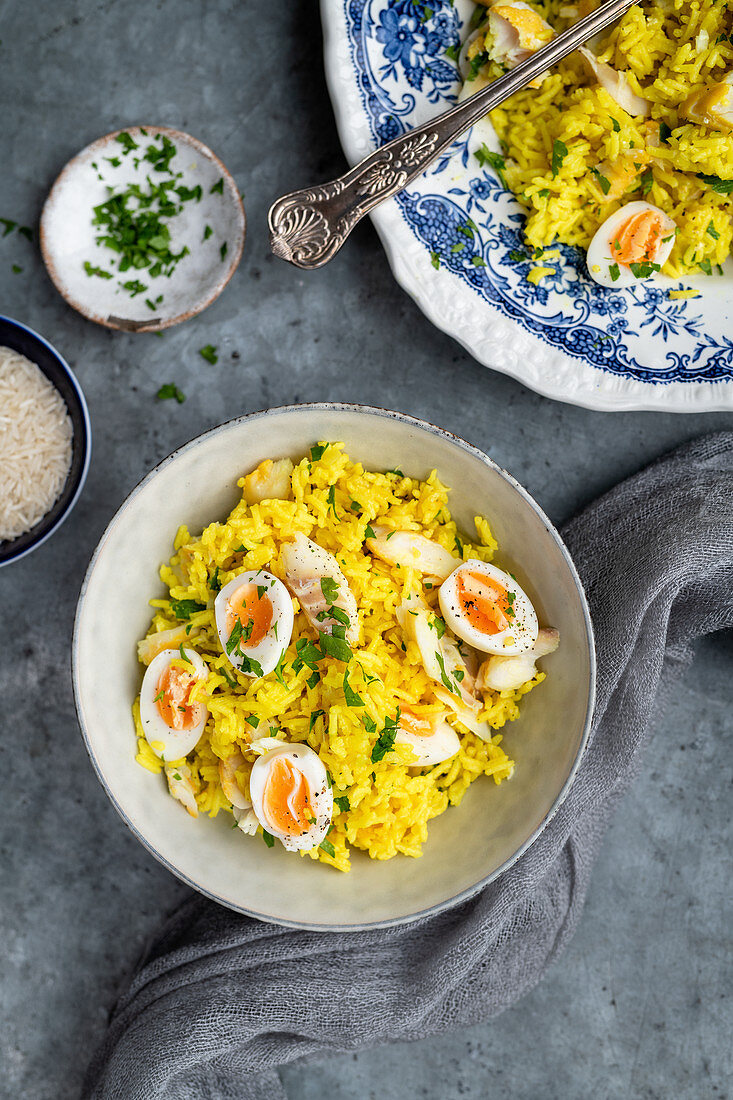 Kedgeree with saffron, eggs and haddock
