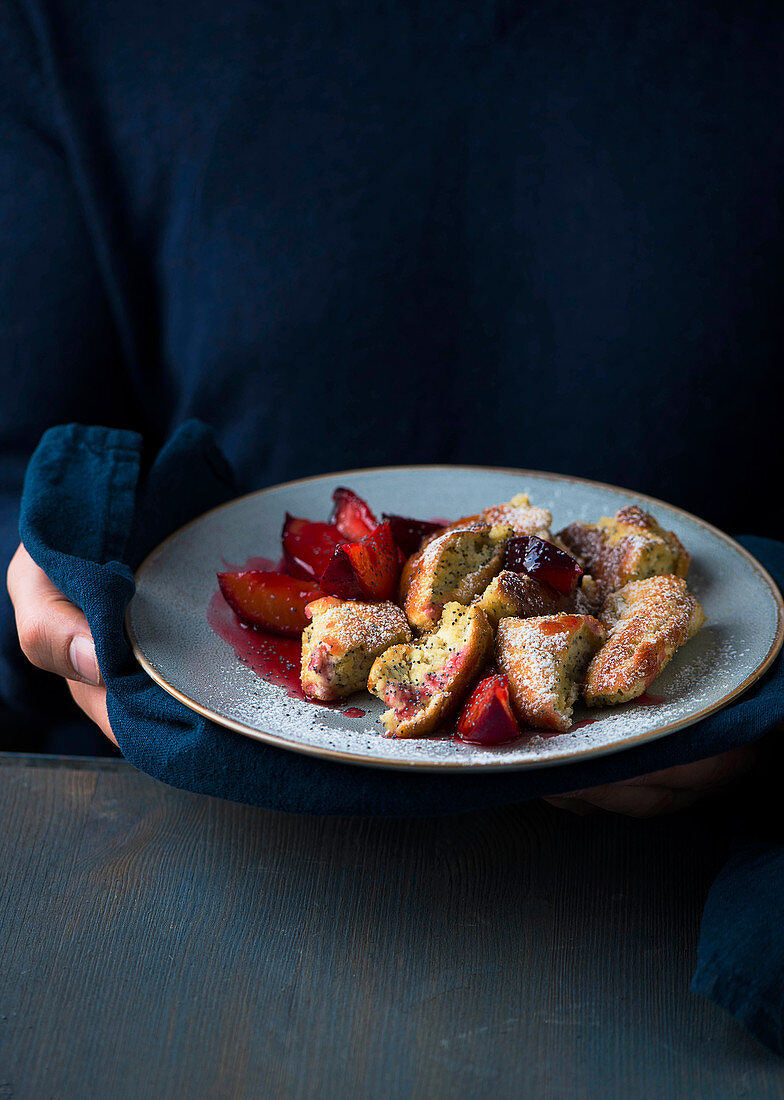 Shredded poppyseed pancake with plum compote