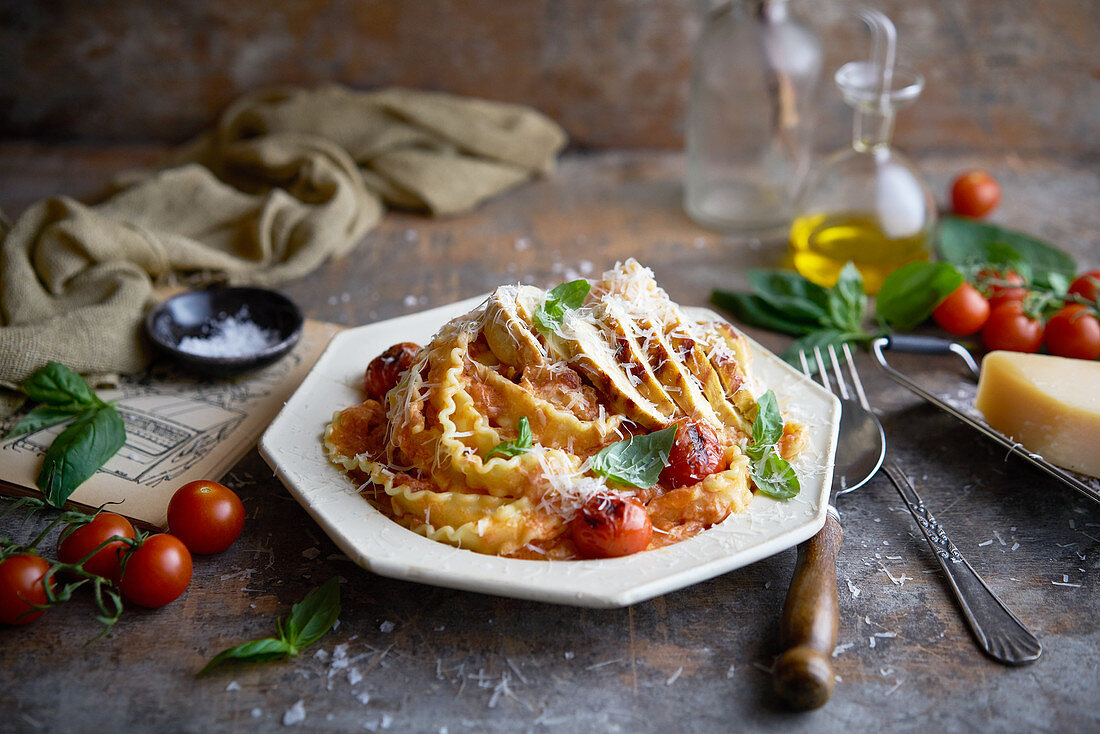 Hähnchen mit Tomatenpasta und Parmesan