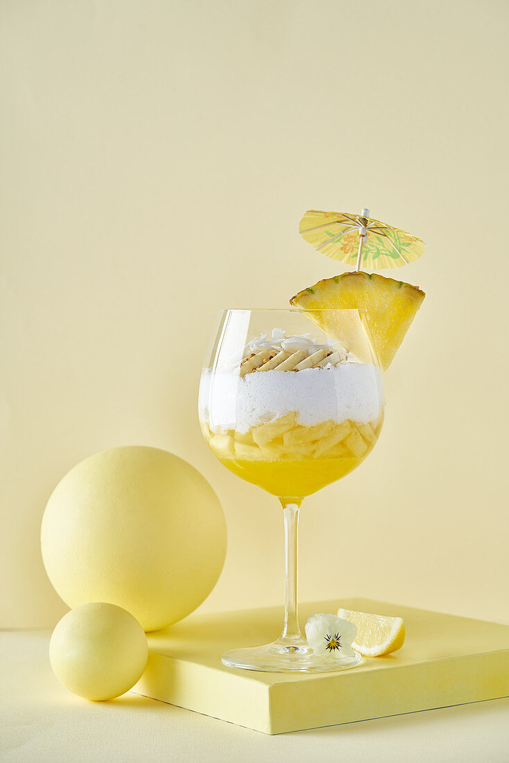 Pineapple and banana sorbet in a glass