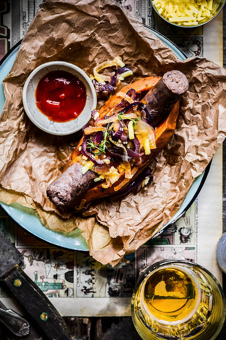 A South African sausage called boerewors in a sweet pototo - low carb option