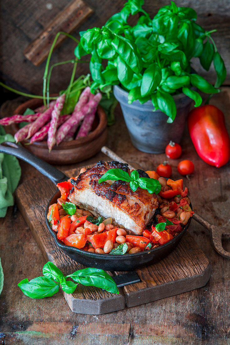 Roast pork with beans and vegetables