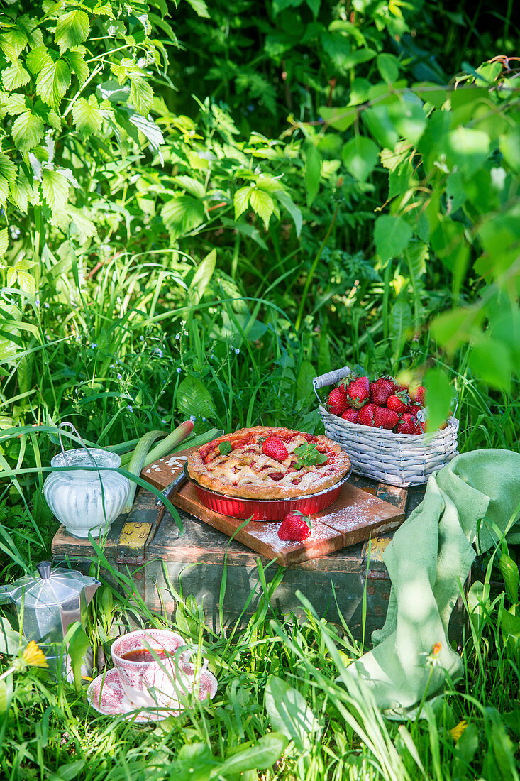 Erdbeer-Rhabarber-Pie auf Kiste im sommerlichen Garten