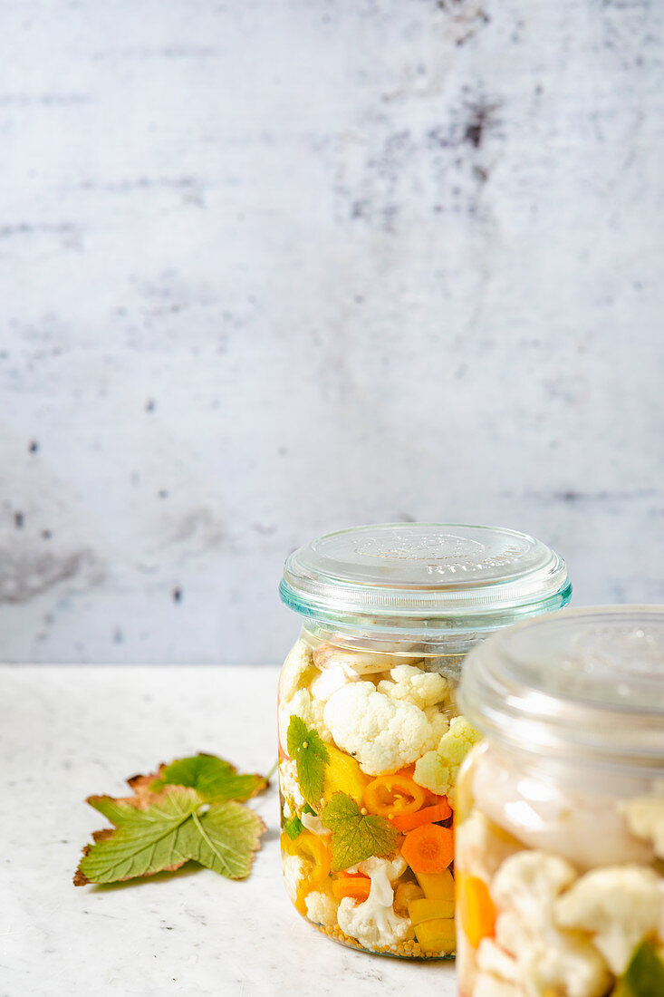 Mixed pickles in preserving jars