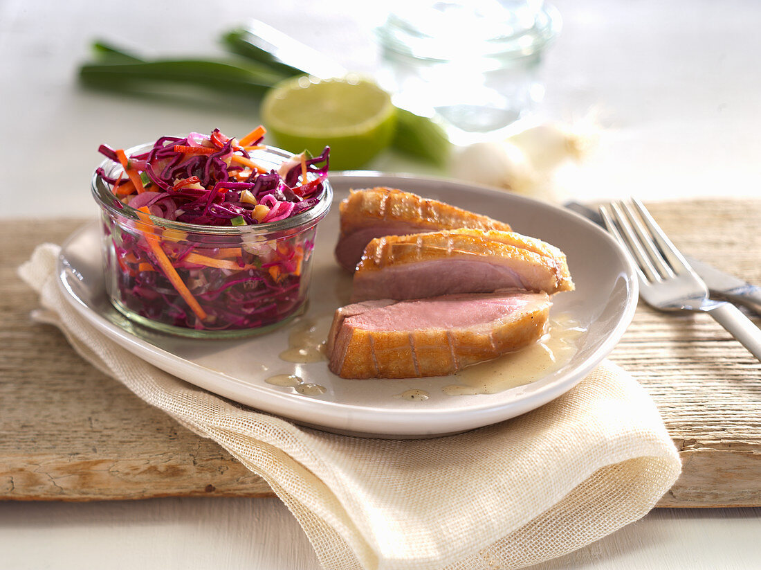 Roast duck breast with a red cabbage medley