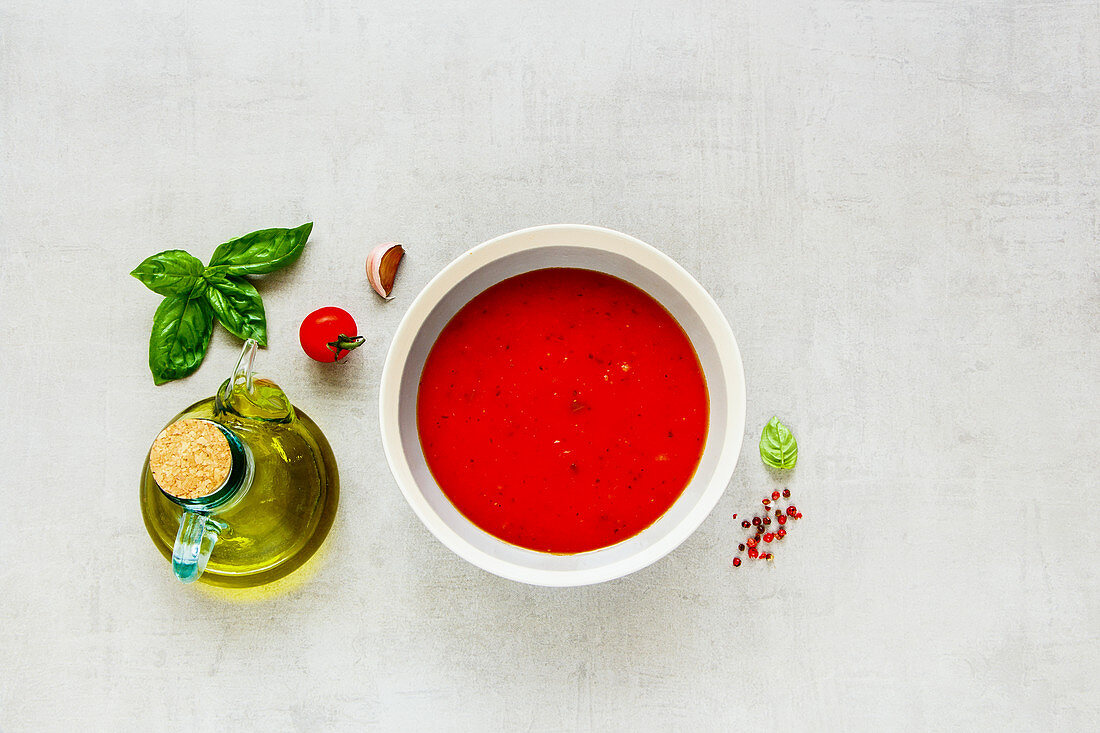 Seasonal tomato soup (or gazpacho) in bowl