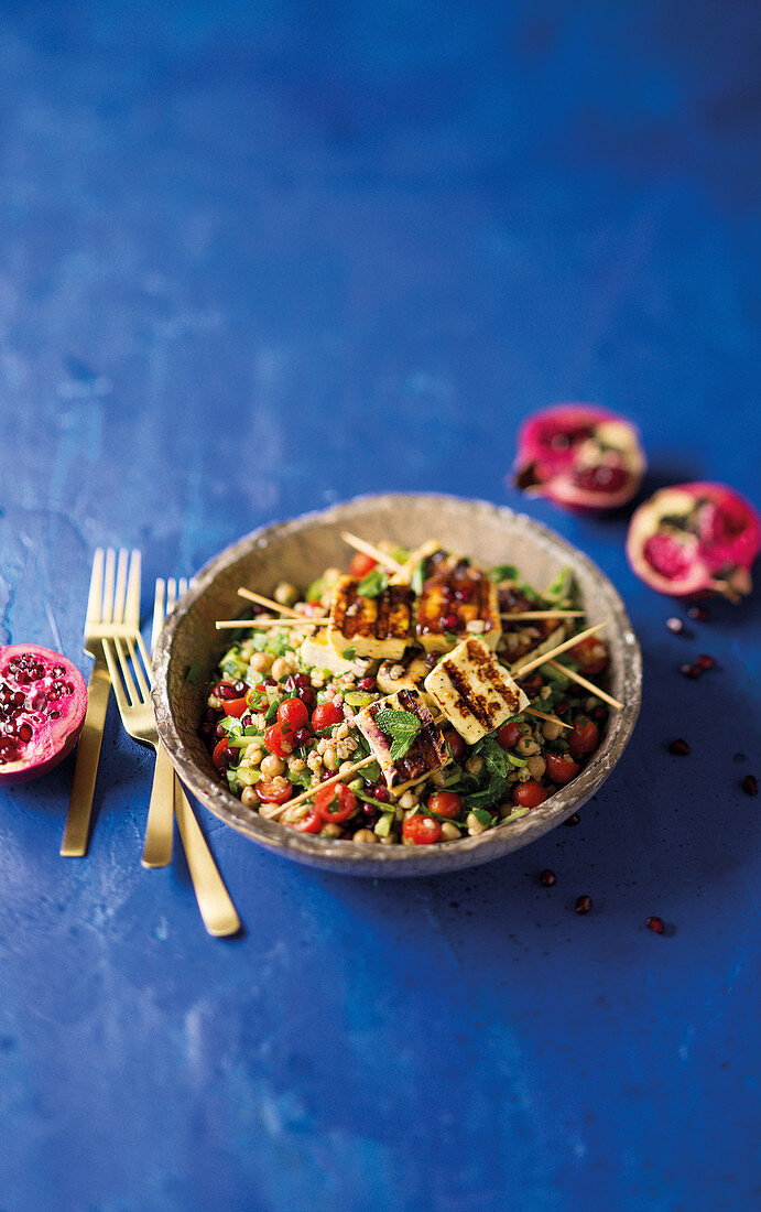 Barley and chickpea tabbouleh with halloumi