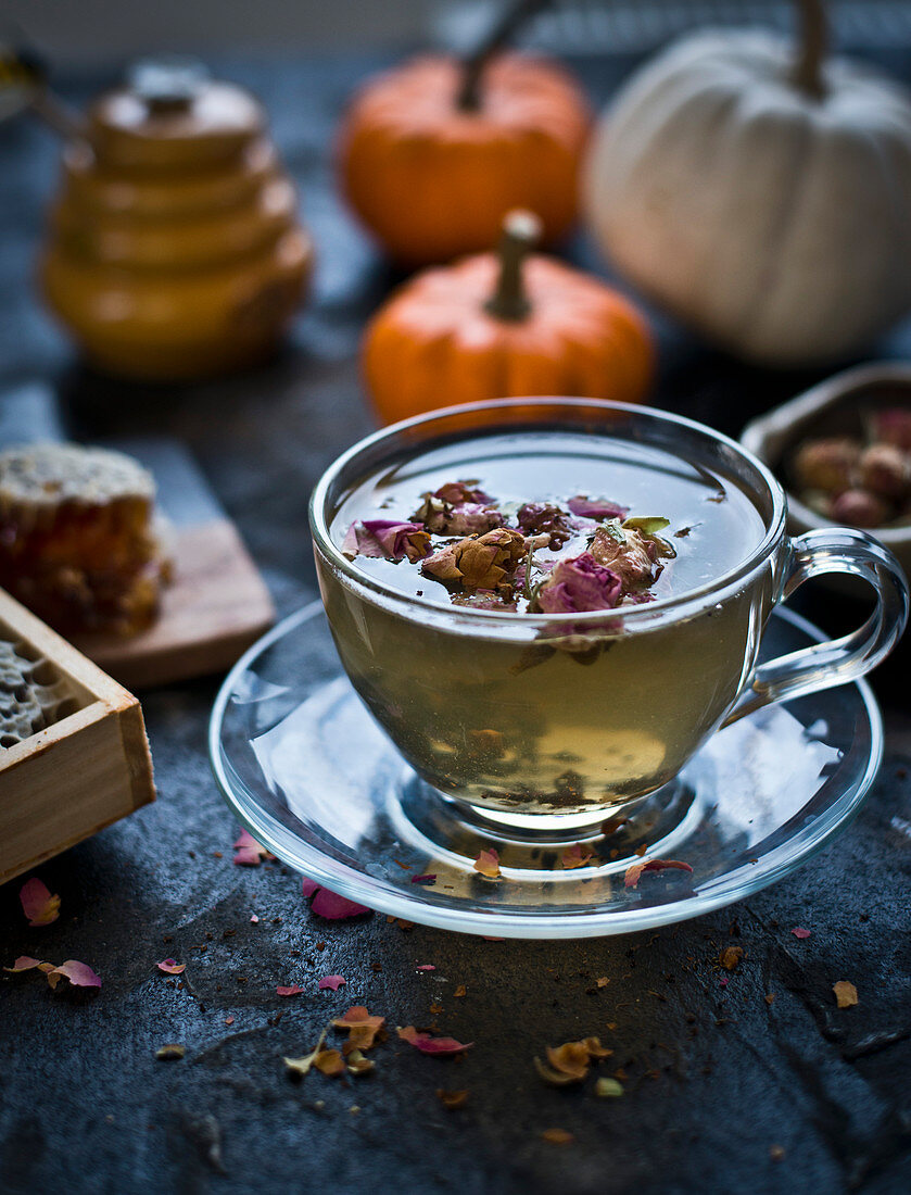 Rose tea in a glass cup