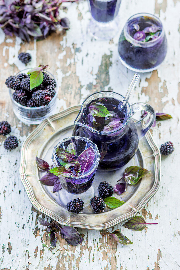 Lemonade with blackberries and purple basil