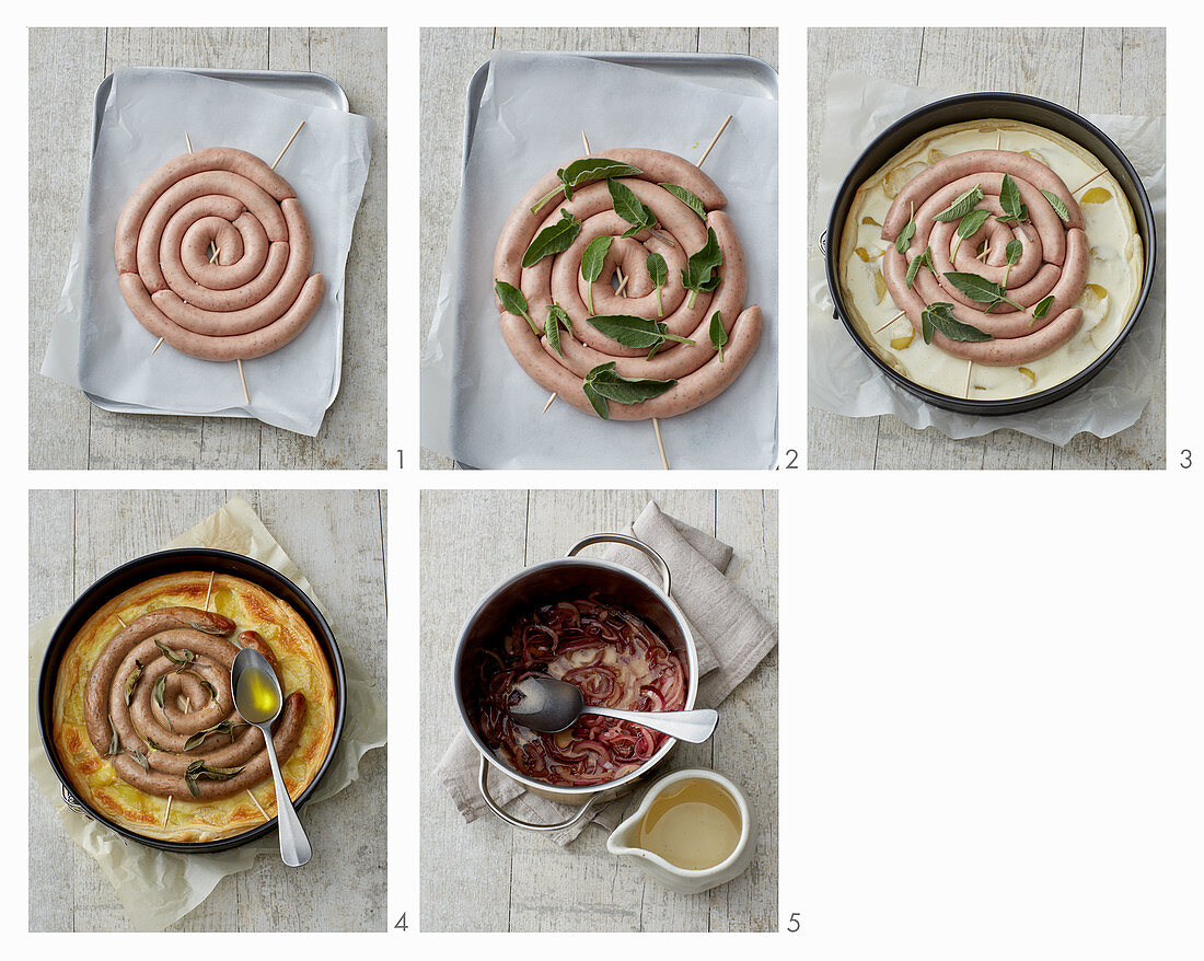 Sausage and potato quiche with balsamic onions being made