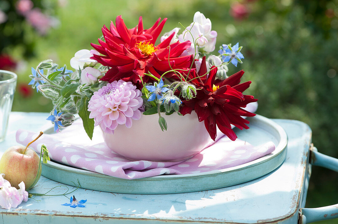 Small Arrangement Of Dahlias, Borage And Vetch