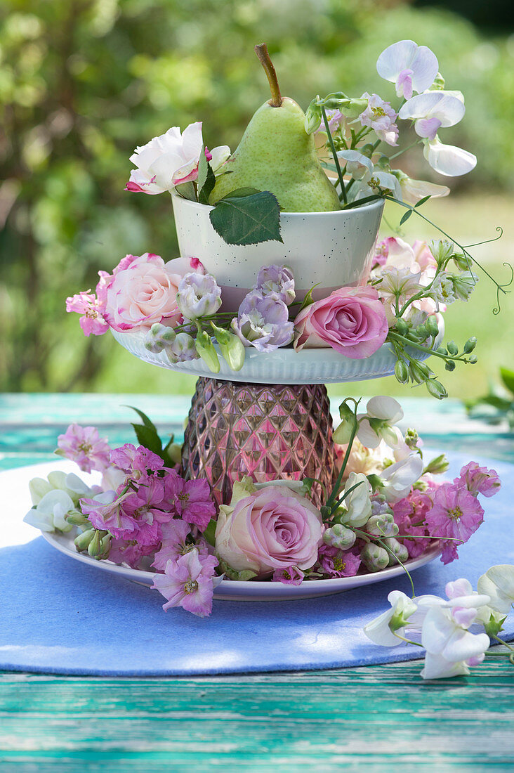 Rose Petals, Larkspur, Vetches And Pears In Self-Made Cake Stand