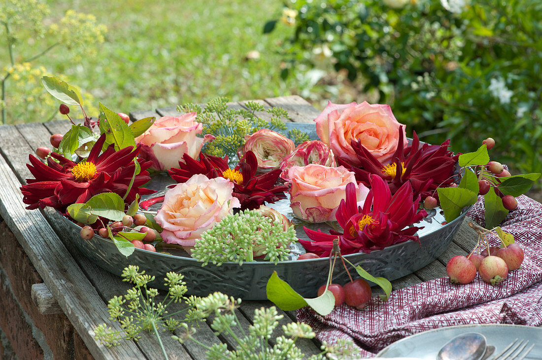 Dahlias And Rose Petals In Bowl With Water