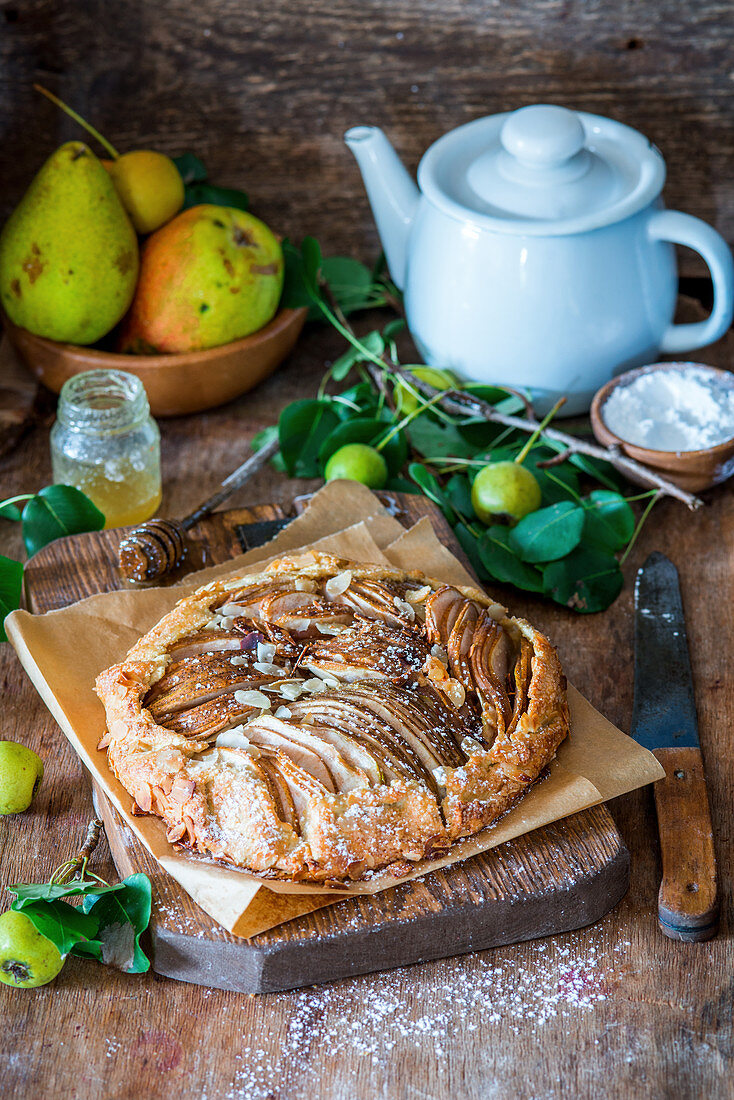 Pear cake on a wooden board