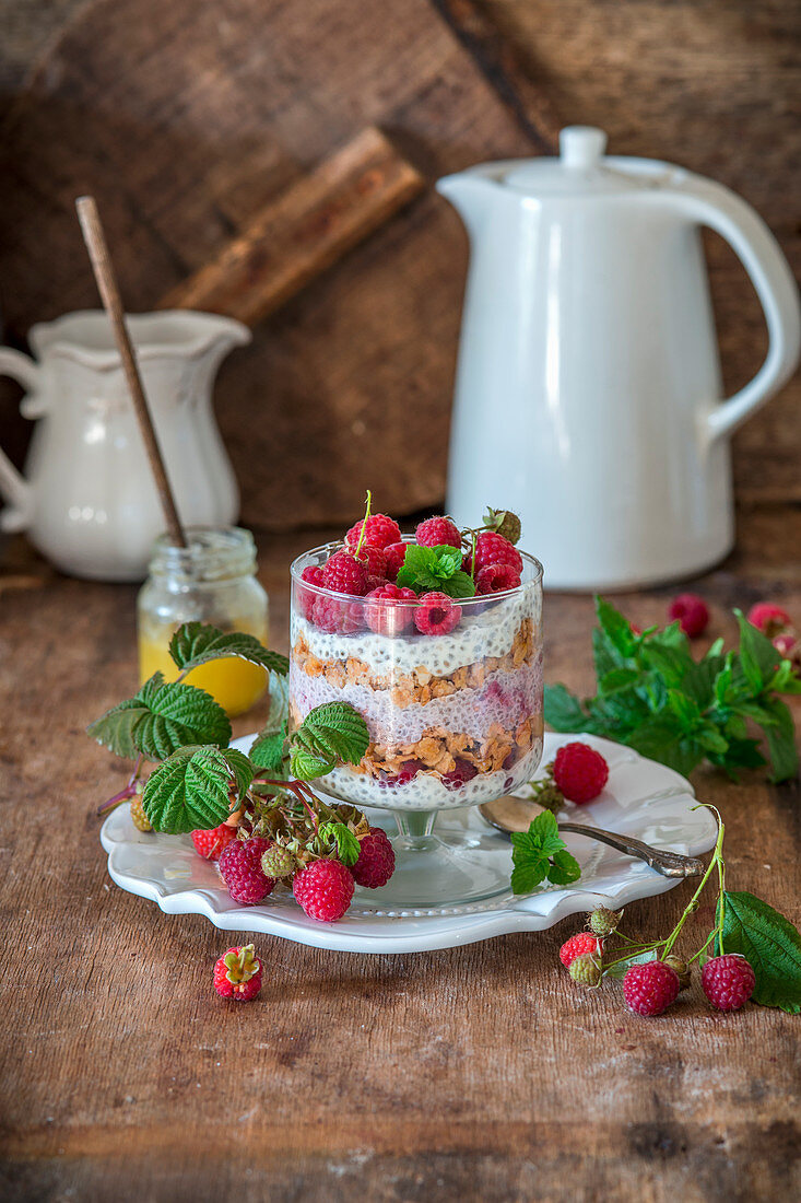 Müsli-Parfait mit Himbeeren