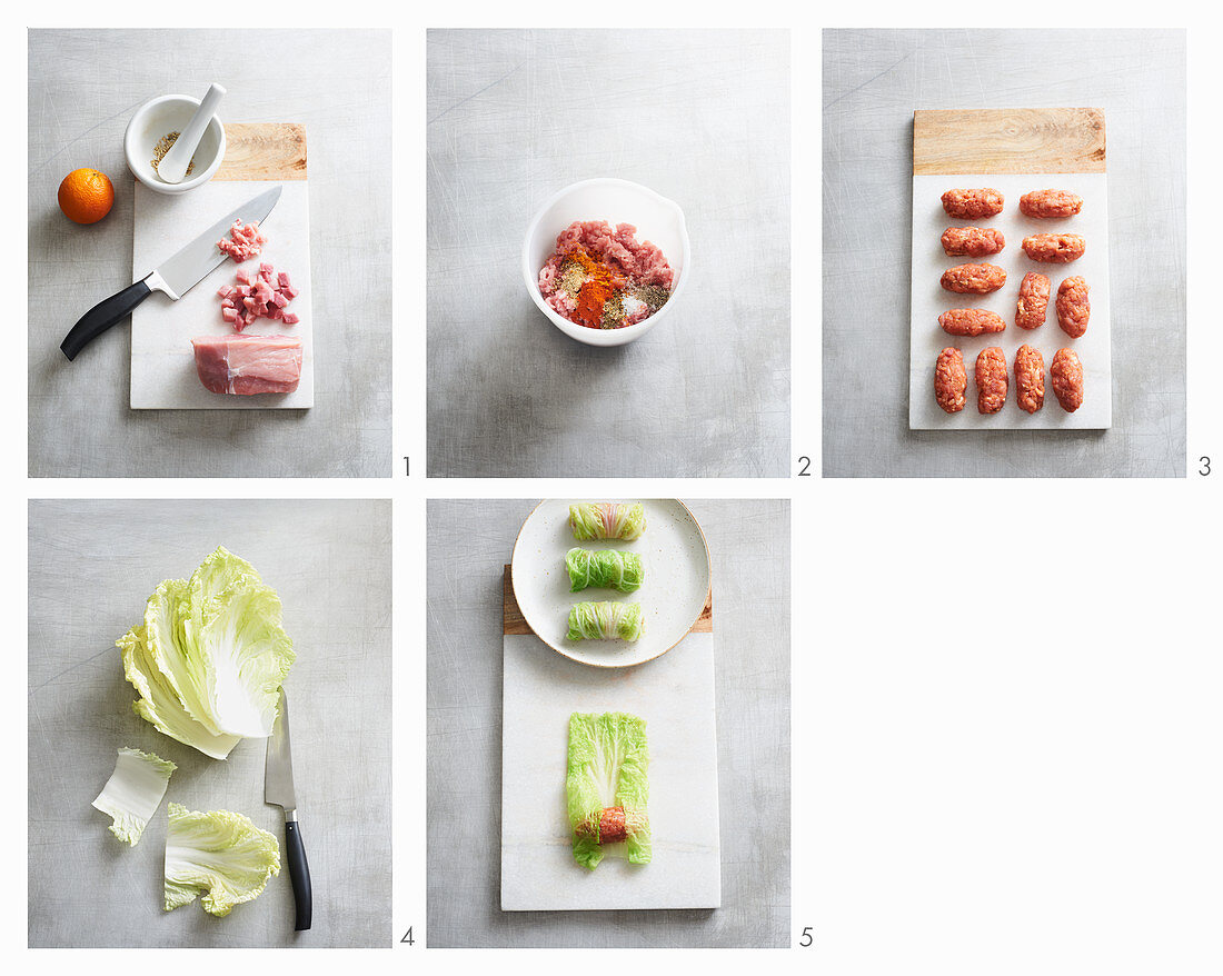 Chinese cabbage and sausage wraps being prepared for grilling