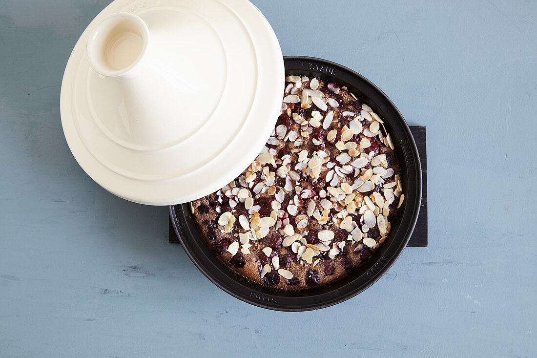 Chocolate and cherry clafoutis made in a tagine