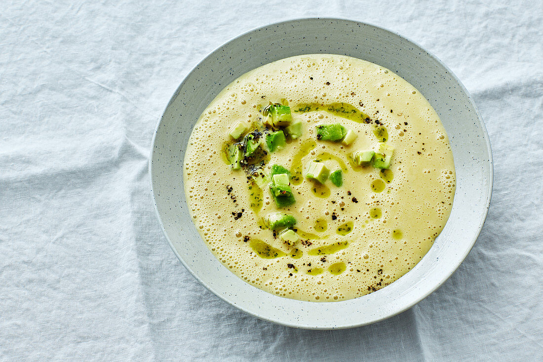 Sweetcorn soup with avocado and coriander oil