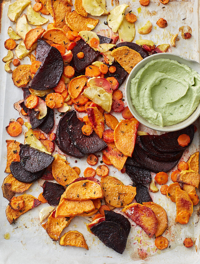 Oven-roasted vegetables with avocado aioli