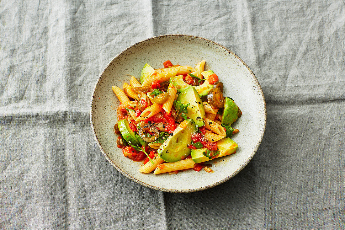 Spicy pepper and avocado penne pasta