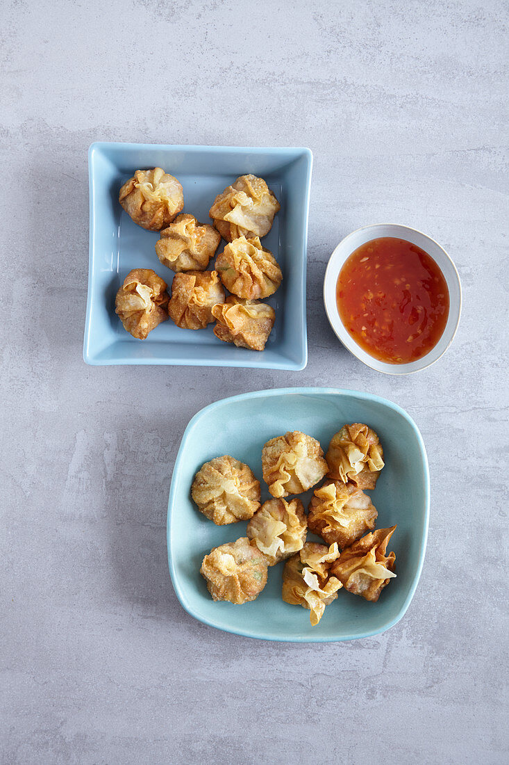 Vegetarian wontons with a vegetable filling and chilli sauce (Asia)