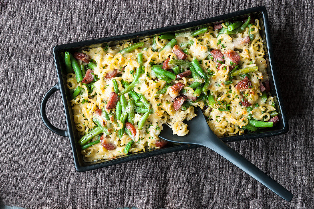 Quick pasta bake with beans and cabanossi