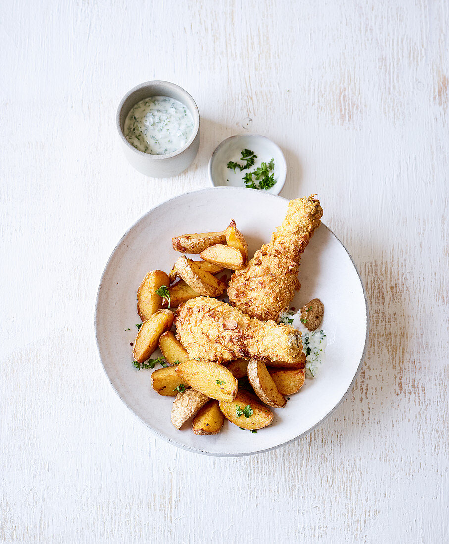 Chicken legs with potato wedges made in a hot-air fryer