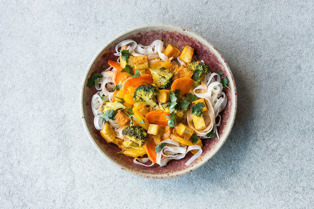Rice noodles with a vegetable and curry sauce and tofu