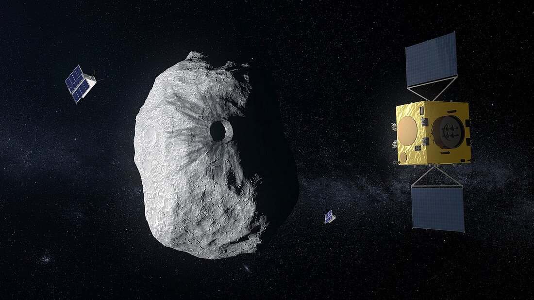 Hera spacecraft at Didymos binary asteroid, illustration