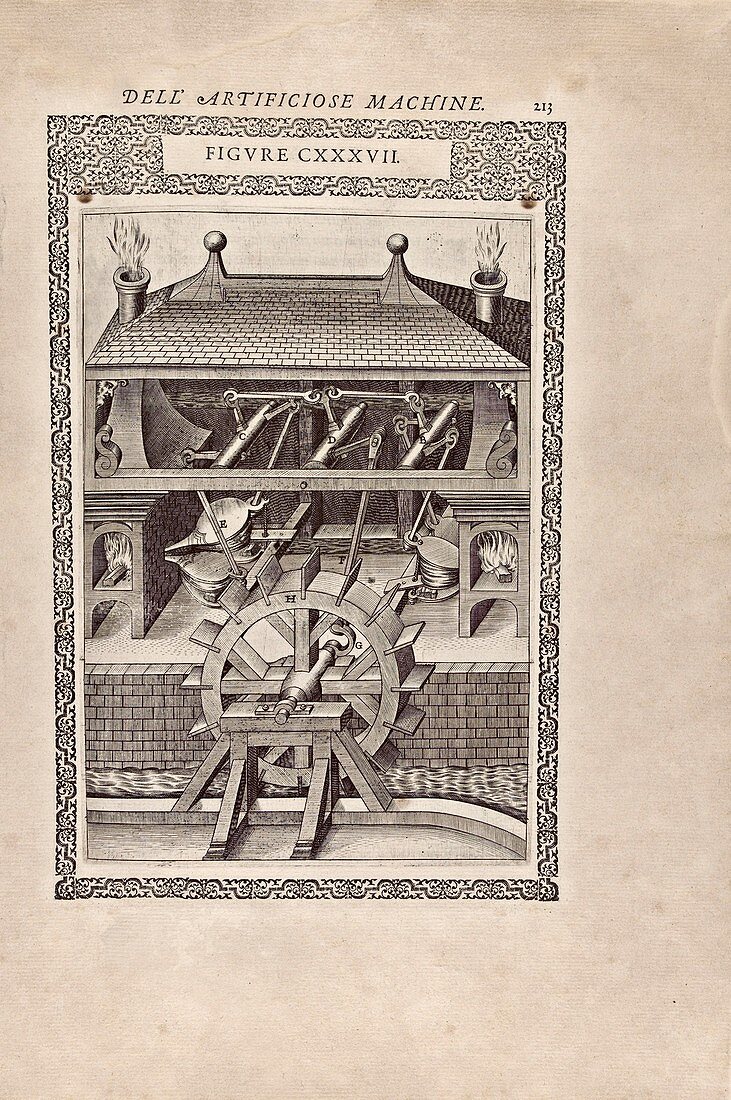 Water-powered furnace bellows, 16th century