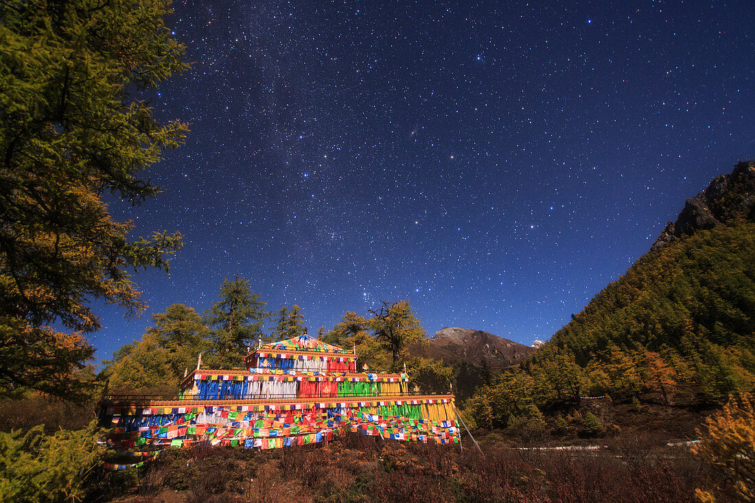 Moonlit night over Tibetan Buddhist building