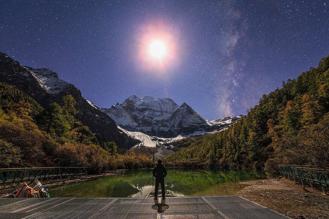Moon and Milky Way above Mount Chenrezig