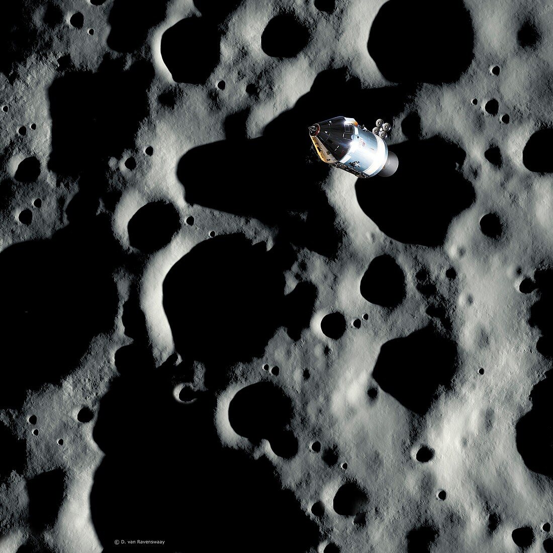 Apollo 8 over a cratered Moon, illustration