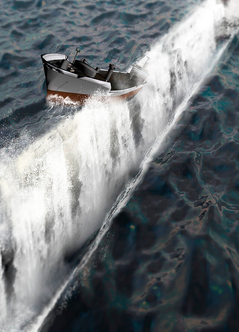 Ship at edge of water, illustration