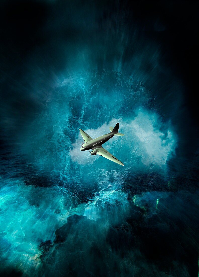 Vintage aeroplane in storm over rough sea, illustration