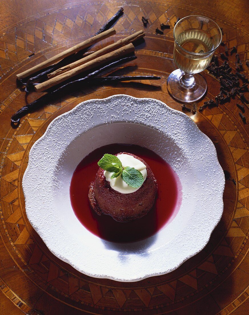 Bread pudding with warm red wine sauce (from Ireland)