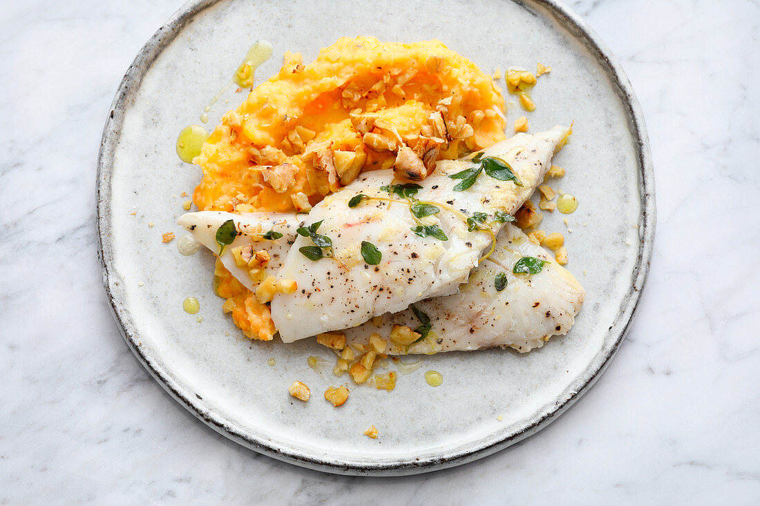 Sous vide bass with mashed sweet potato