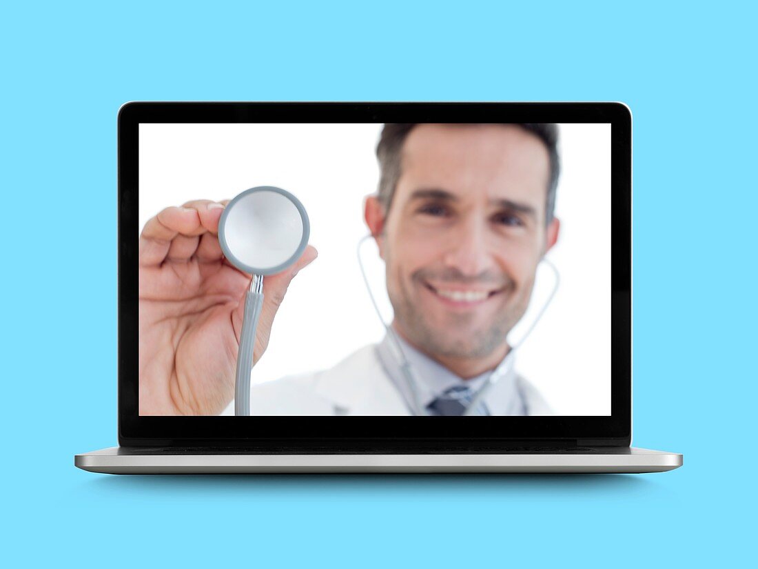 Doctor with stethoscope on laptop monitor