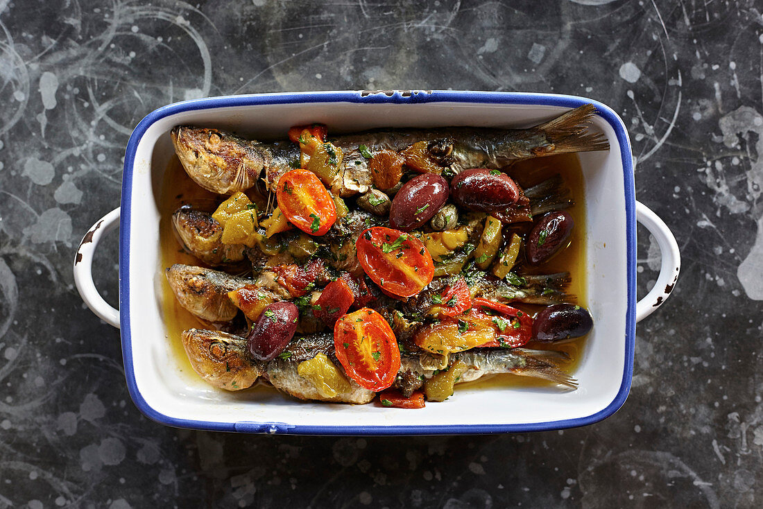 Roasted Mackerel with vegetables in a roasting tin