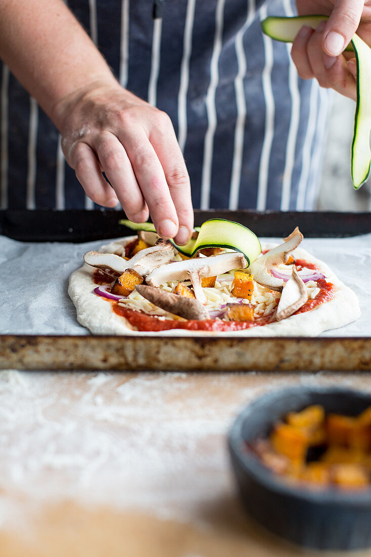 Pizza with butternut squash and mushrooms