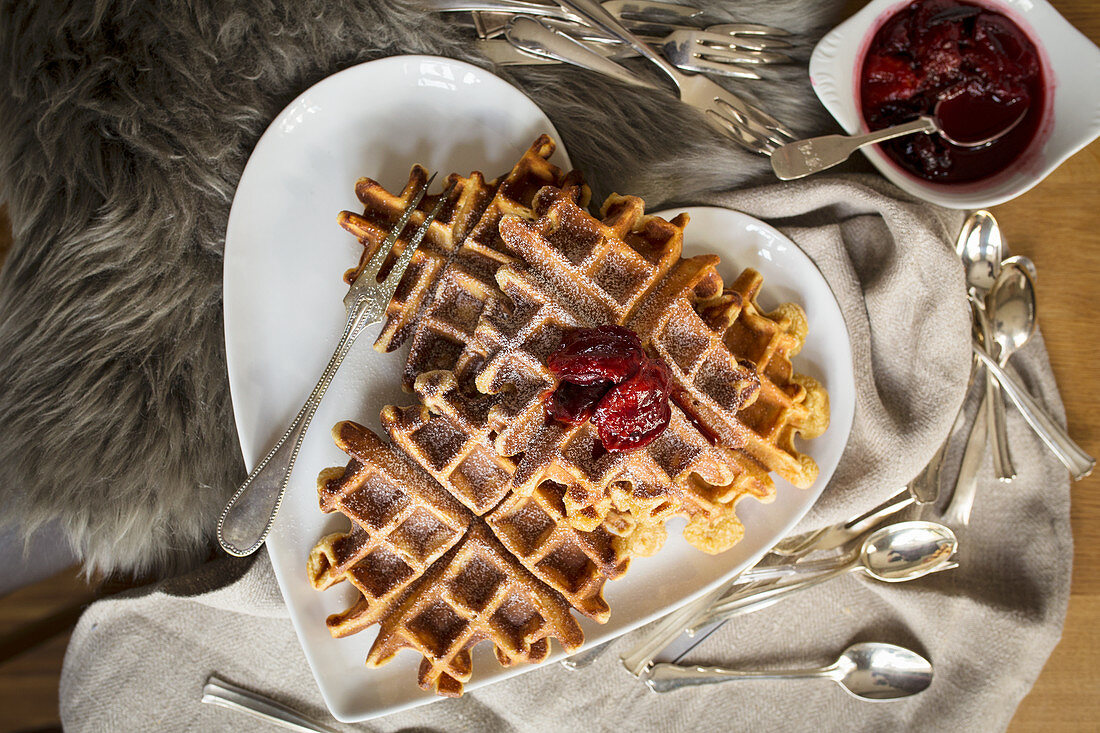 Belgian waffles with plum compote