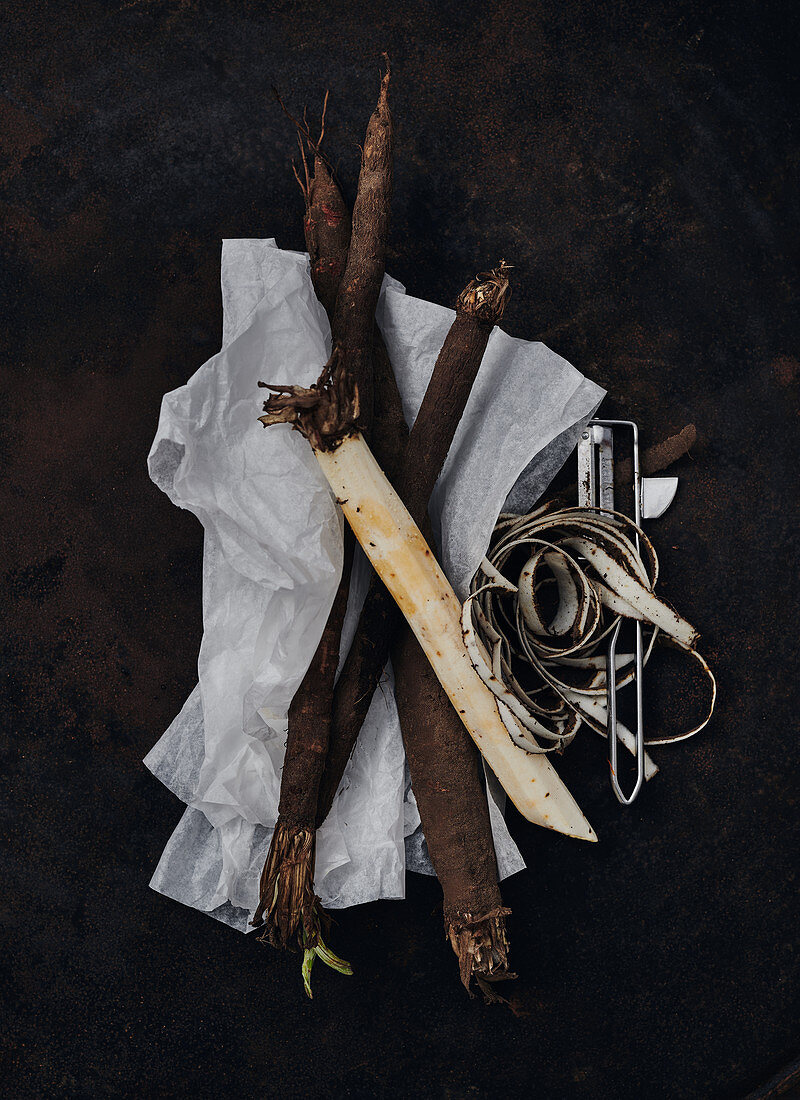 Peeled salsify on paper