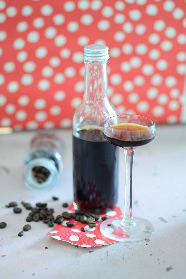 Coffee liqueur in a bottle and a glass