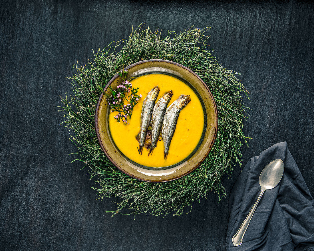 Pumpkin soup with sardines