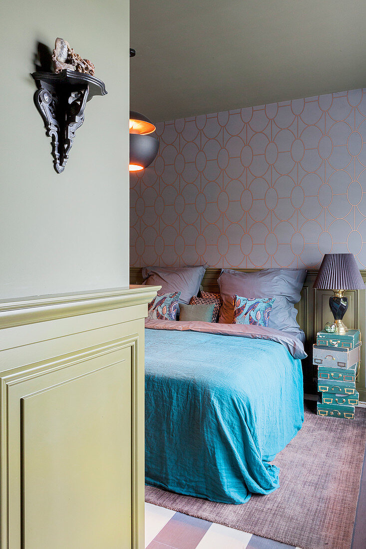 View into bedroom with wainscoting