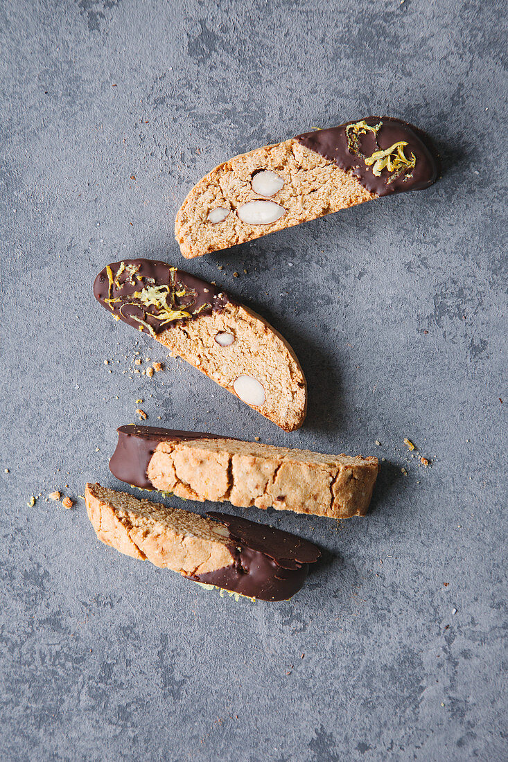 Lemon cantuccini with melted chocolate (top view)