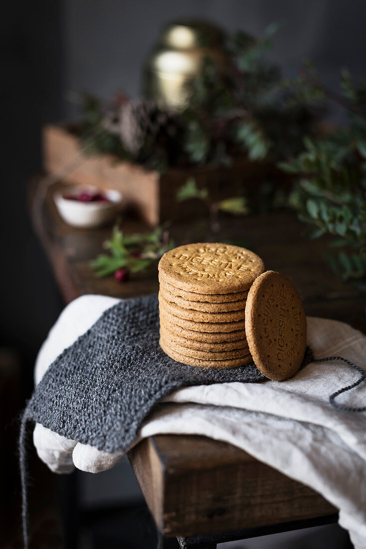 Delicious biscuits cookies on towel