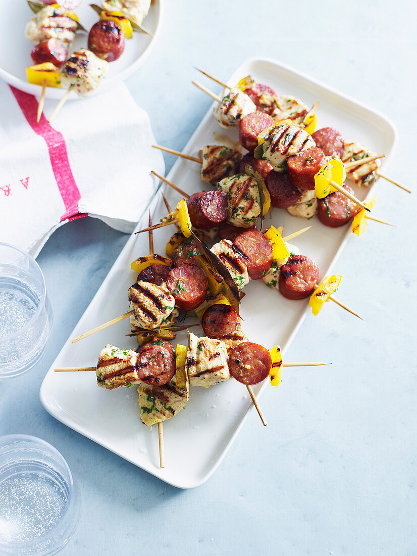 Grilled turkey breast skewers with chorizo and peppers